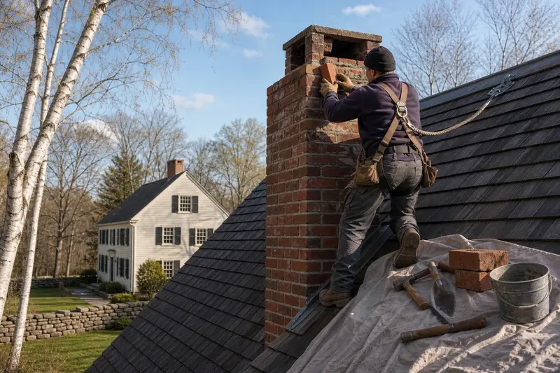 A harnessed mason setting a replacement brick near the top of a tall brick chimney on a steep gable roof; illustrative image