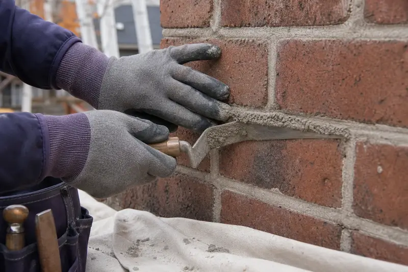 Gloved hands pressing fresh mortar into a raked joint with a tuckpointing trowel; illustrative image