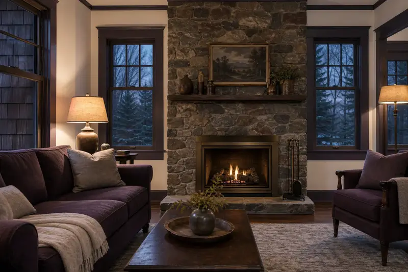 A remodeled living room with a vented gas log set in a masonry firebox framed by a floor-to-ceiling stone surround; illustrative image