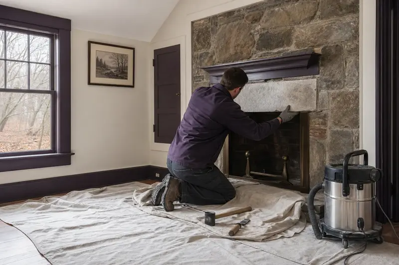 An installer setting a large stone panel onto a new fireplace surround, the firebox cold; illustrative image
