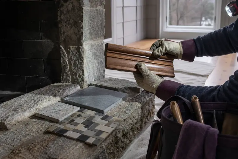 Samples of stone, tile and a mantel wood finish laid out on a hearth; illustrative image