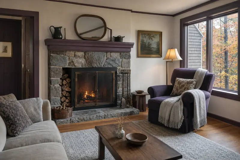 A comfortable hearth room with an open masonry wood-burning fireplace, a reading chair, a wool throw and split firewood, no one present; illustrative image