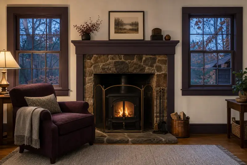A quiet hearth room with a cast-iron wood stove on a stone hearth pad and a reading chair; illustrative image