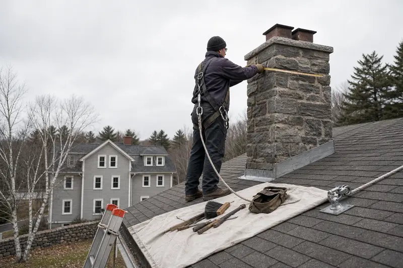 A harnessed technician measuring a stone masonry chimney on a dry roof; illustrative image