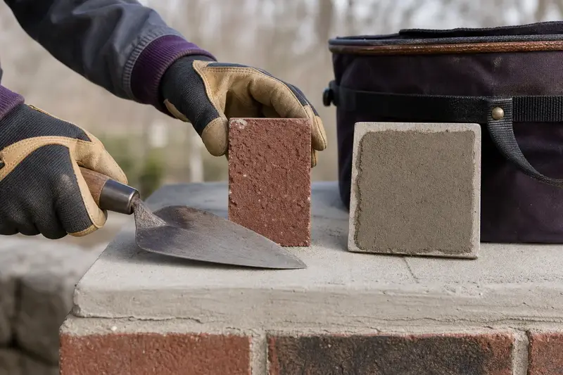 A pointing trowel, a brick sample and a mortar color sample resting on a chimney crown; illustrative image
