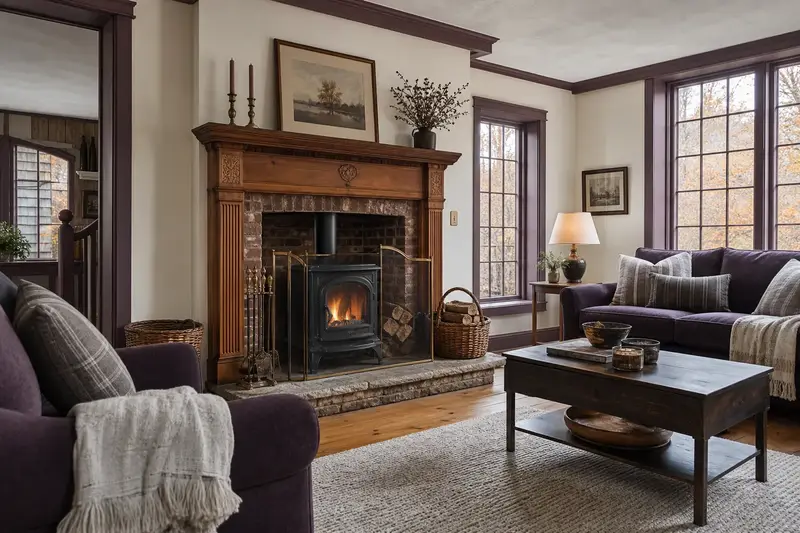 A period hearth room with a cast-iron wood stove on a stone hearth pad and an original carved wood mantel; illustrative image