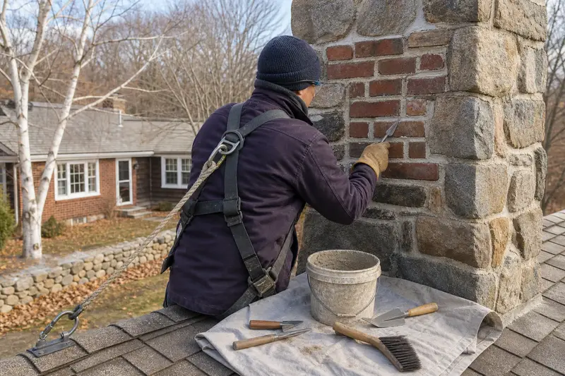 A harnessed mason pointing soft lime mortar into old brick joints on a stone masonry chimney; illustrative image
