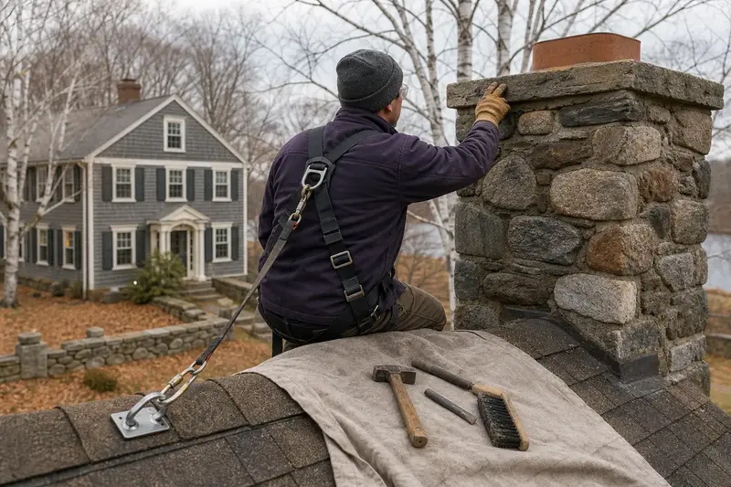 A harnessed mason examining the upper courses of a stone masonry chimney with a gloved hand; illustrative image