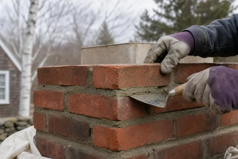 Newly laid brick courses and fresh mortar at a chimney top, seen up close; illustrative image