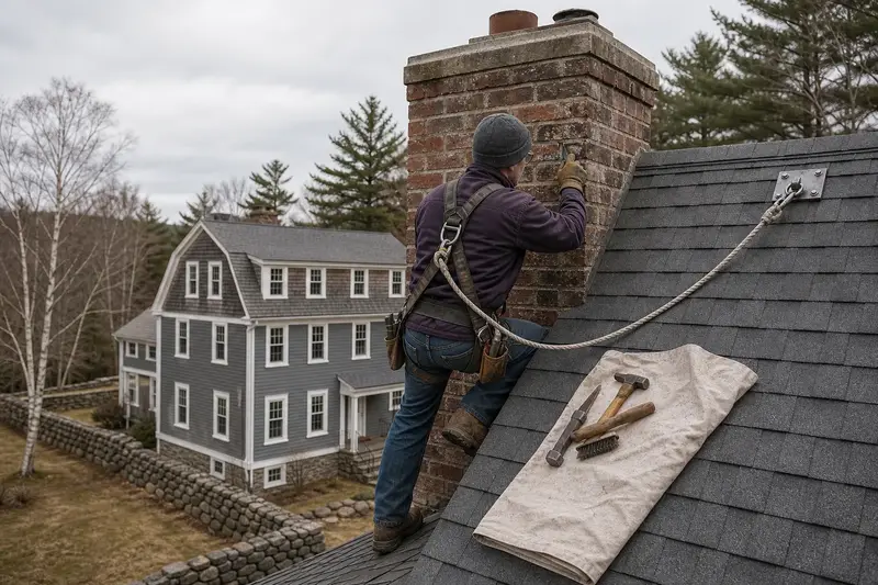A harnessed mason checking the brick faces of a tall brick chimney on a steep gable roof near the crown; illustrative image