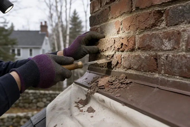 Spalled brick faces on a chimney with flakes resting on the flashing, seen up close; illustrative image