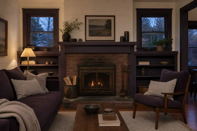 A living room with a wood-burning insert in a brick opening and a small fire behind a screen, no one present; illustrative image