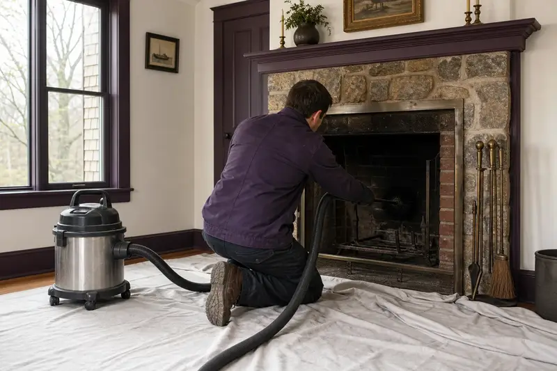 A technician kneeling at an open masonry wood-burning fireplace with a sealed vacuum and drop cloths, the fireplace cold and unlit; illustrative image