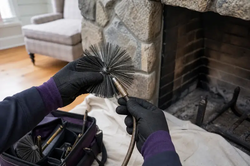 Gloved hands fitting a round wire brush onto a flexible rod at the hearth of a factory-built wood-burning fireplace with a stone facing; illustrative image
