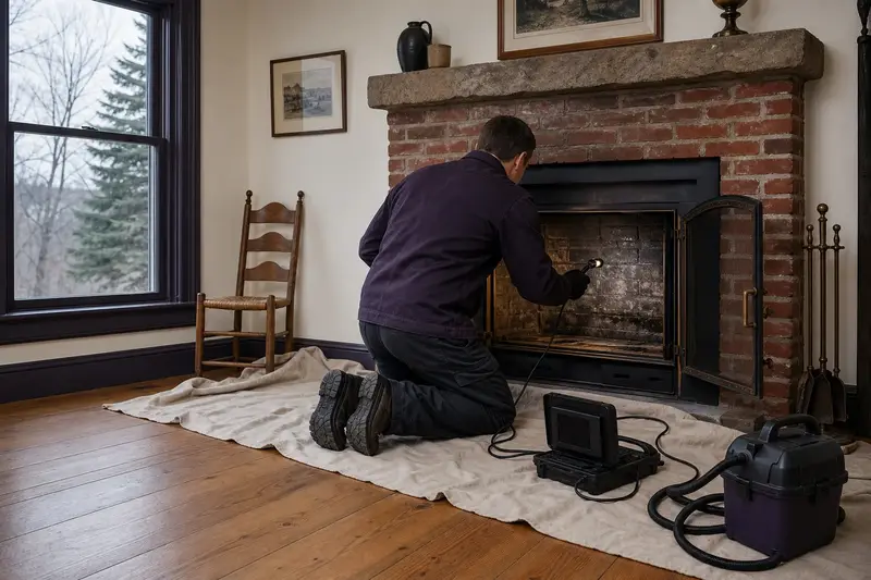 A technician guiding an inspection camera into the firebox of a wood-burning insert in a brick opening, the fireplace cold and unlit; illustrative image