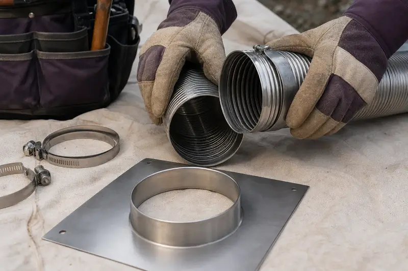 Sections of stainless steel flue liner, clamps and a top plate arranged on a canvas tarp; illustrative image