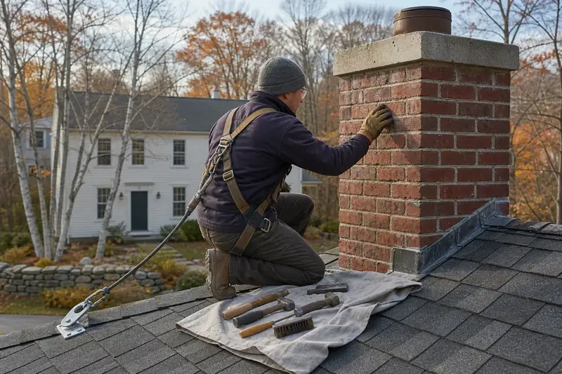A harnessed mason examining the brickwork of a red brick chimney with a concrete crown with a gloved hand; illustrative image