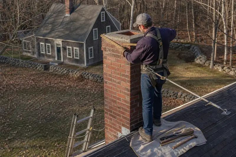 A harnessed mason measuring the crown of a tall brick chimney on a steep gable roof with a folding rule; illustrative image