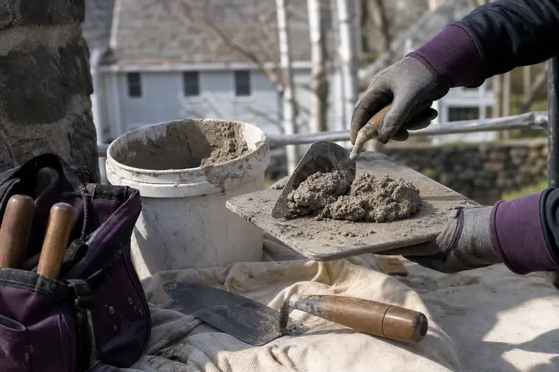A mortar hawk, trowels and a bucket of mixed mortar set on a roof work platform; illustrative image