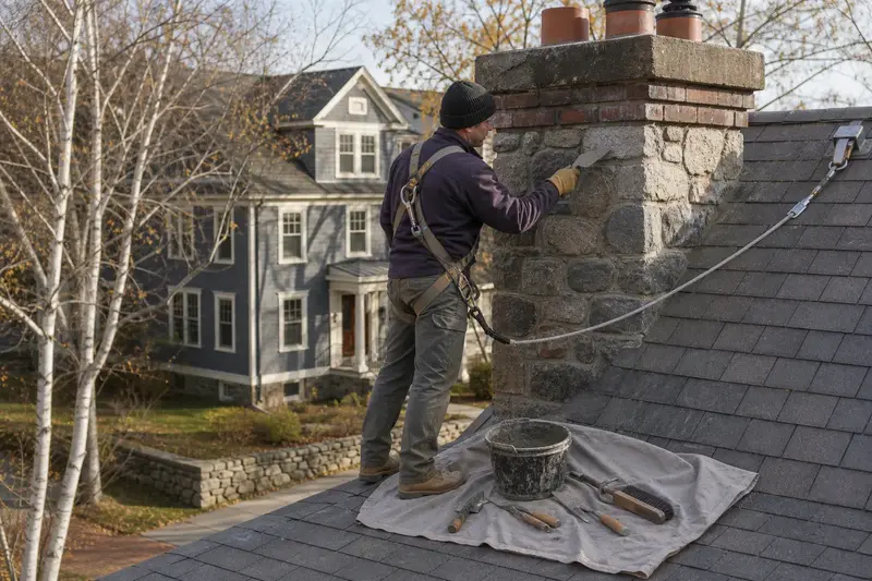 A harnessed mason repointing mortar joints on a stone masonry chimney with a pointing trowel; illustrative image