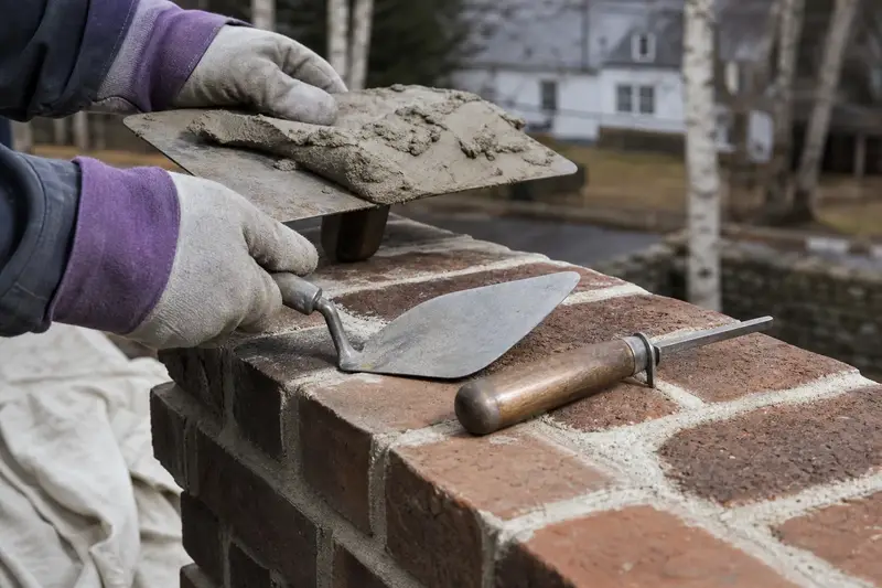 A mortar hawk, pointing trowel and jointer resting on sound brick at a chimney shoulder; illustrative image