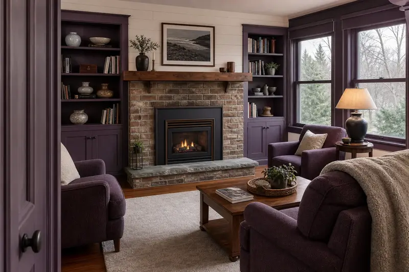 A remodeled hearth wall with a gas insert set in a brick opening, a slim wood mantel and built-in shelves; illustrative image
