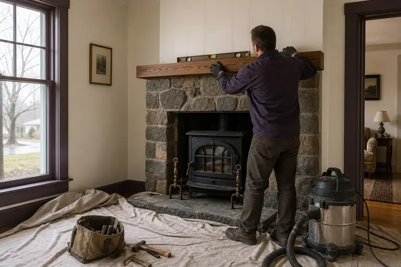 An installer leveling a new wood mantel above a cast-iron wood stove on a stone hearth pad; illustrative image