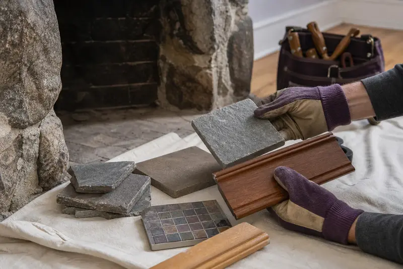 Samples of stone, tile and a mantel wood finish laid out on a hearth; illustrative image