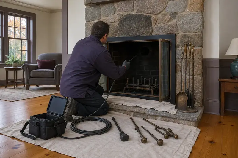 A technician guiding an inspection camera into the smoke chamber of a factory-built wood-burning fireplace with a stone facing, the fireplace cold and unlit; illustrative image