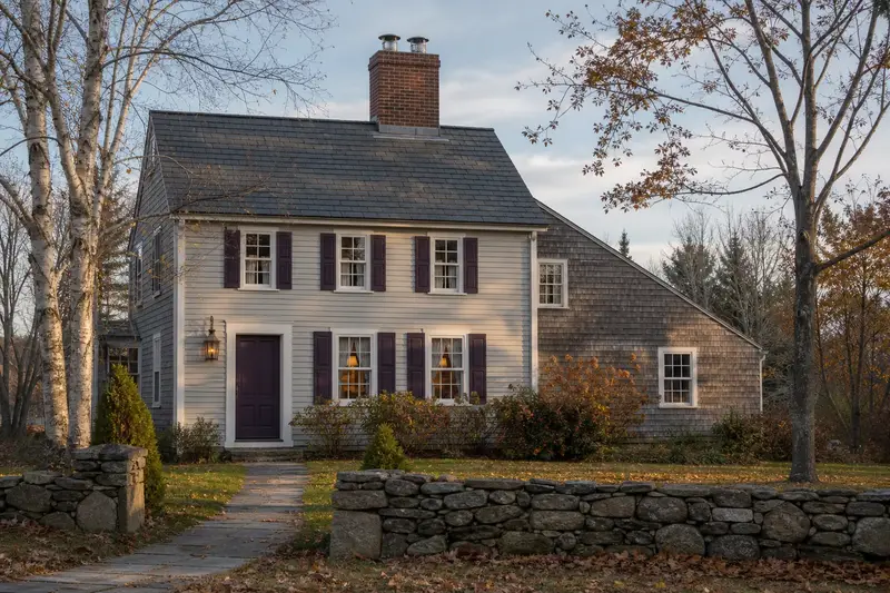 A 1950s saltbox house with a two-flue brick chimney on a slate roof topped by a new stainless steel cap; illustrative image