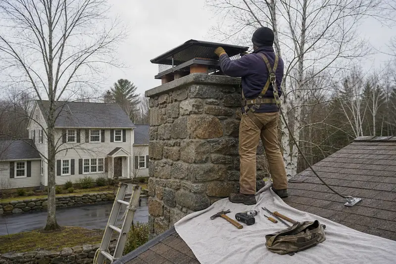 A harnessed technician fastening a multi-flue cap over the crown of a stone masonry chimney; illustrative image
