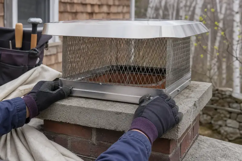 A stainless steel mesh cap seated on a flue above a concrete crown, seen up close; illustrative image