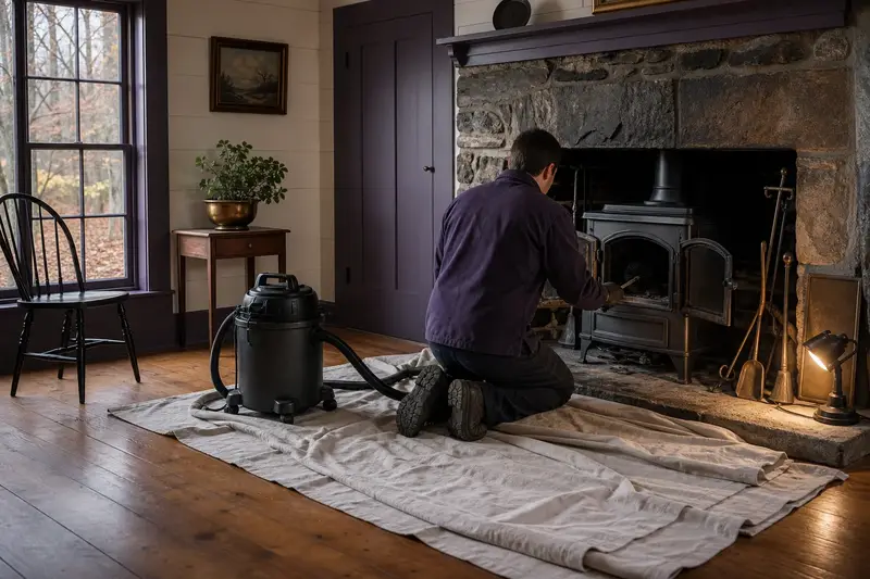 A technician kneeling at a cast-iron wood stove on a stone hearth pad with a sealed vacuum and drop cloths, the fireplace cold and unlit; illustrative image