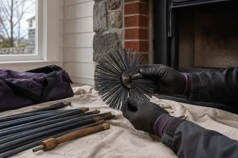 A rotary brush head and flexible rods laid on a canvas drop cloth beside a wood-burning insert in a brick opening; illustrative image