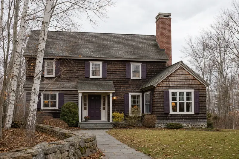 A 1990s cedar-sided contemporary house in soft daylight with a red brick chimney with a concrete crown standing clear above the roofline; illustrative image