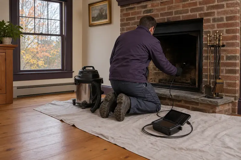 A technician guiding an inspection camera into the firebox of an open masonry wood-burning fireplace, the fireplace cold and unlit; illustrative image
