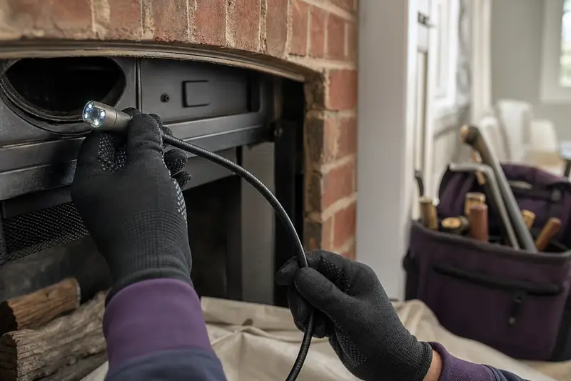 An inspection camera head on a flexible cable at the damper opening of a gas insert set in a brick opening; illustrative image