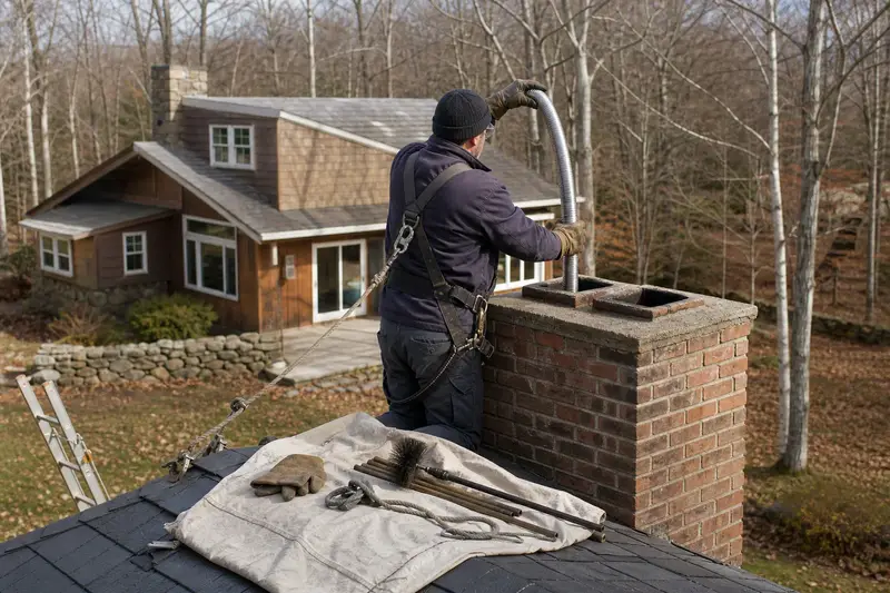 A harnessed technician guiding a flexible stainless steel liner down into the flue at the top of a two-flue brick chimney on a slate roof; illustrative image