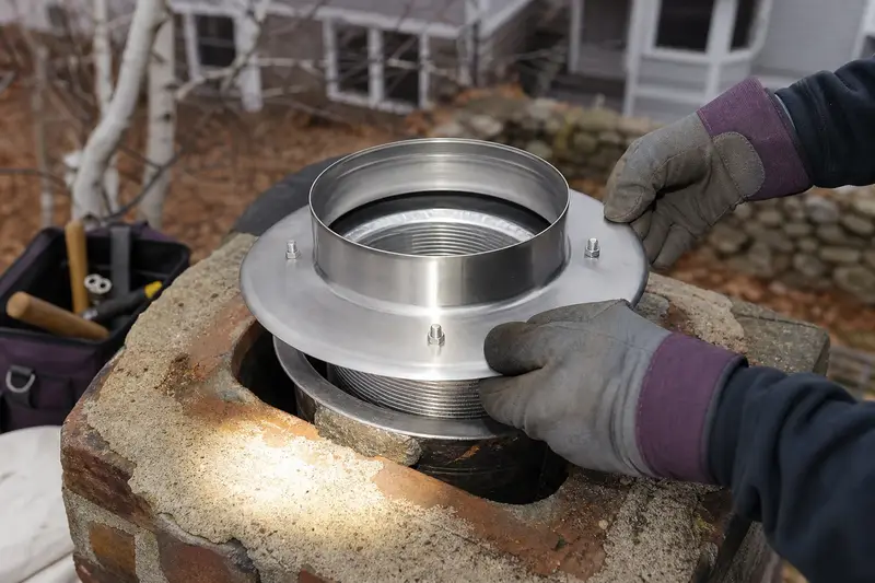 Gloved hands fitting a stainless steel liner top plate at a flue opening; illustrative image