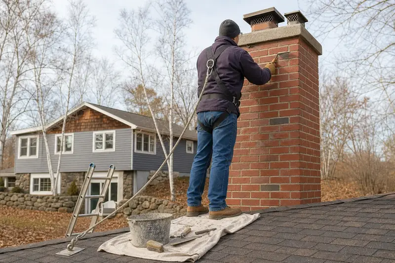 A harnessed mason repointing mortar joints on a red brick chimney with a concrete crown with a pointing trowel; illustrative image