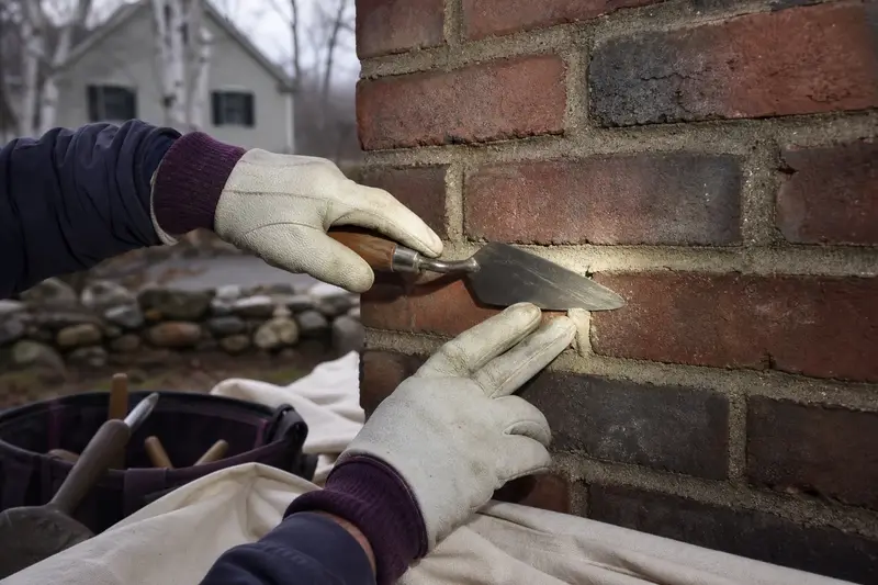 Gloved hands pressing fresh mortar into a raked joint with a tuckpointing trowel; illustrative image
