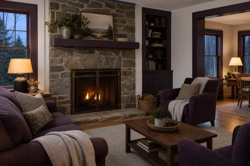 A remodeled living room with a factory-built wood-burning fireplace with a stone facing framed by a floor-to-ceiling stone surround; illustrative image