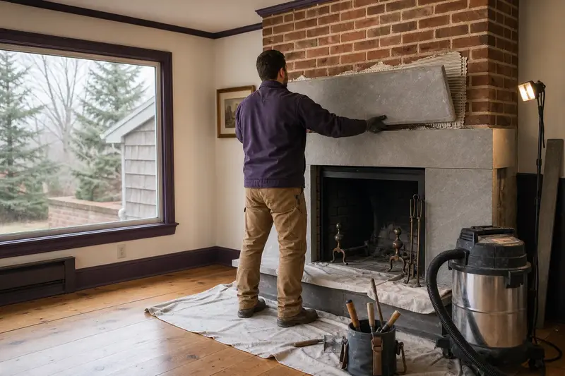 An installer setting a large stone panel onto a new fireplace surround, the firebox cold; illustrative image