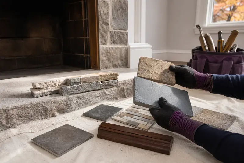 Samples of stone, tile and a mantel wood finish laid out on a hearth; illustrative image