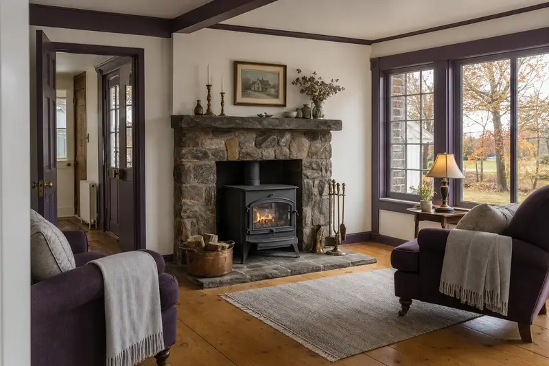 A restored hearth room with a cast-iron wood stove on a stone hearth pad, a clean hearth and brass fireplace tools; illustrative image