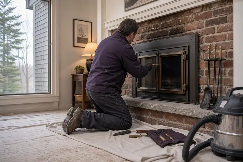 A technician adjusting the glass doors of a wood-burning insert in a brick opening with a hand tool, the fireplace unlit; illustrative image