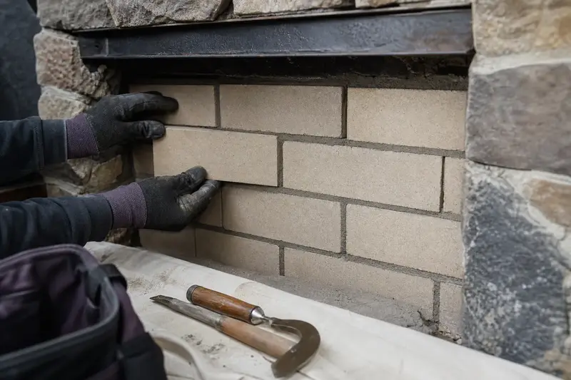 New firebrick and refractory mortar in the back wall of a factory-built wood-burning fireplace with a stone facing, seen up close; illustrative image