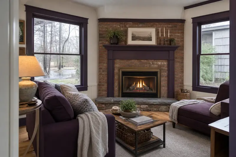 A warm living room with a direct-vent gas fireplace glowing softly behind its glass, no one present; illustrative image
