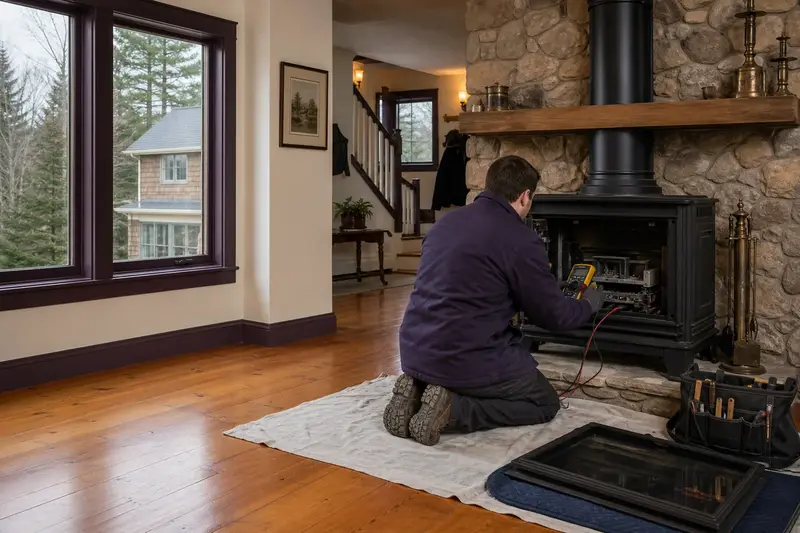 A technician kneeling at a freestanding gas stove with the glass front removed, testing the controls with a multimeter; illustrative image