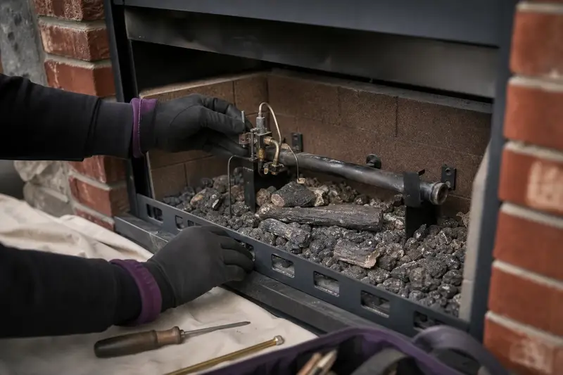 The burner, pilot assembly and ember bed inside a gas insert set in a brick opening, unlit, seen up close; illustrative image